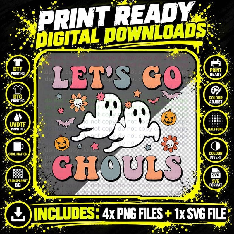 Let's Go Ghouls Groovy Retro Halloween Graphic Women Png SVG Digital Bundle