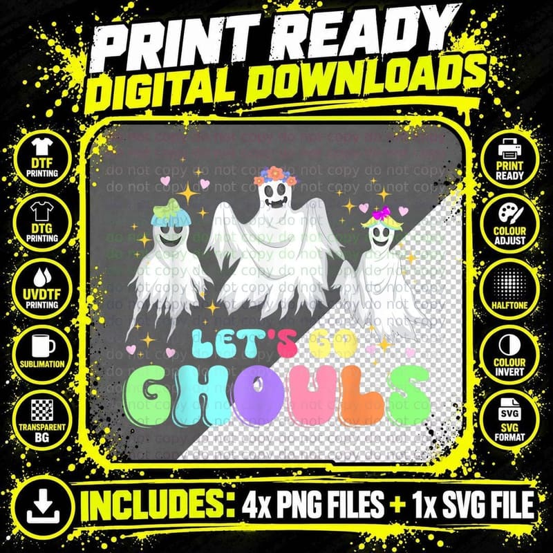 Let's Go Ghouls Halloween Groovy Vintage Ghost Halloween Png SVG Digital Bundle