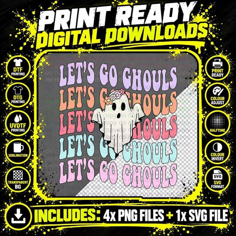 Let's Go Ghouls Retro Fall Halloween Ghost Cute Women Png SVG Digital Bundle