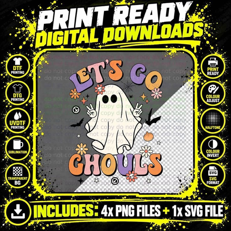 Let's Go Ghouls Retro Halloween Party Funny Ghost Png SVG Digital Bundle