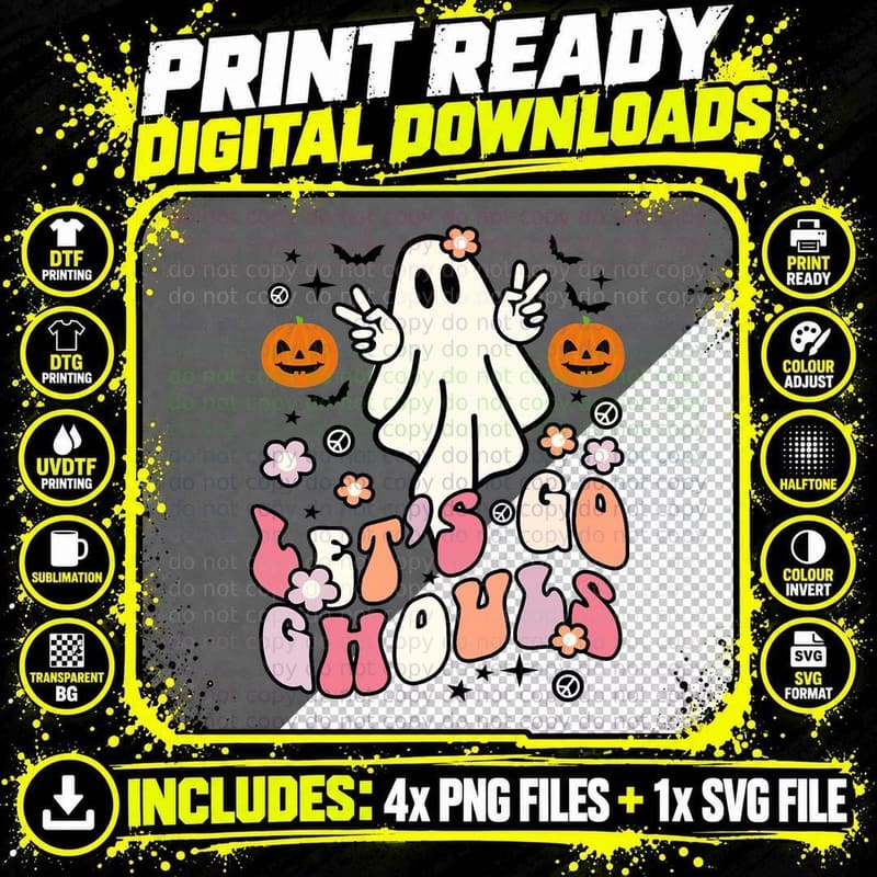 Lets Go Ghouls Halloween Ghost Retro Hippie Groovy Png SVG Digital Bundle