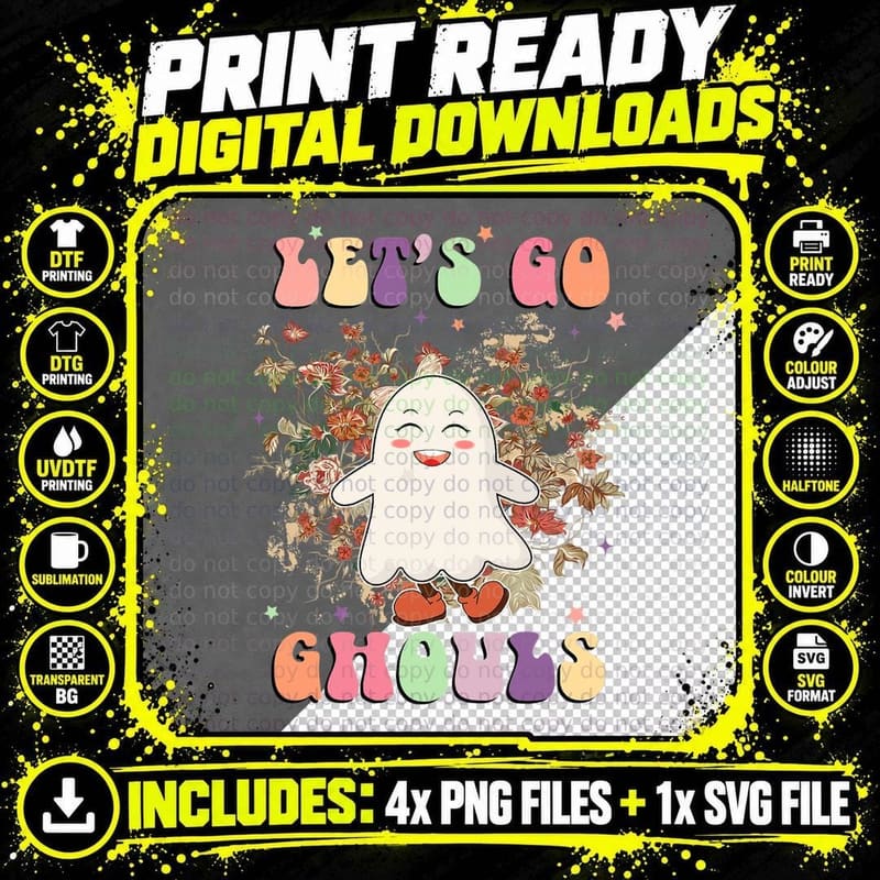 Lets Go Ghouls Retro Ghost Floral Halloween Spooky Png SVG Digital Bundle
