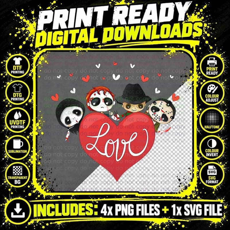 Love Candy Heart Cute Killer Horror Movie Anti Valentine Png SVG Digital Bundle