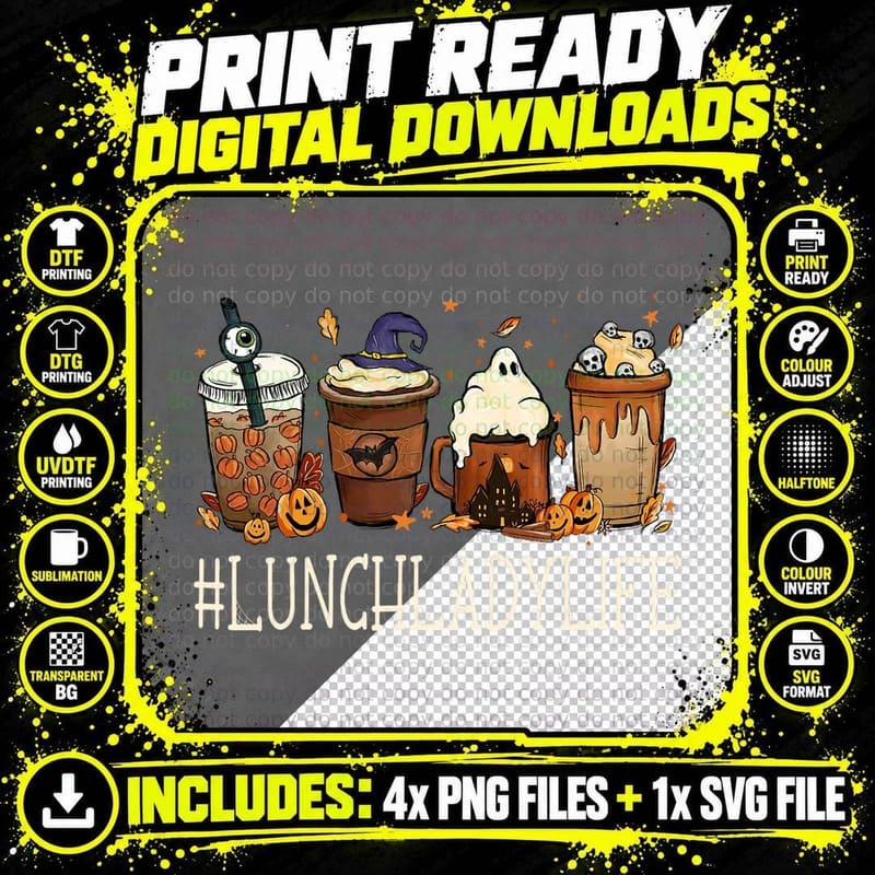 Lunch Lady Horror Coffee Spooky Halloween Pumpkin Autumn Png SVG Digital Bundle