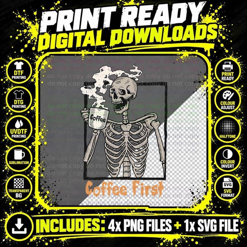 Mens Halloween Vintage Graphic Coffee First T-Shirt Png SVG Digital Bundle