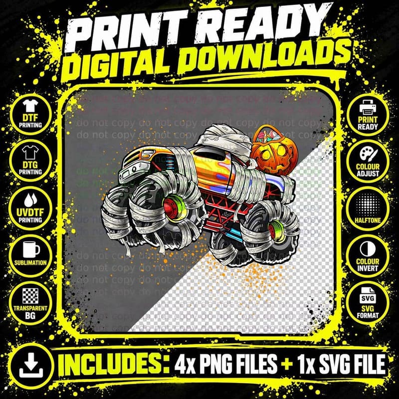Monster Truck Mummy Halloween Pumpkin Trick-Or-Treating Png SVG Digital Bundle