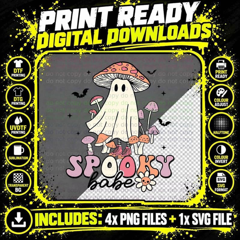 Mushroom Spooky Babe Halloween Trick or Treat Groovy Png SVG Digital Bundle