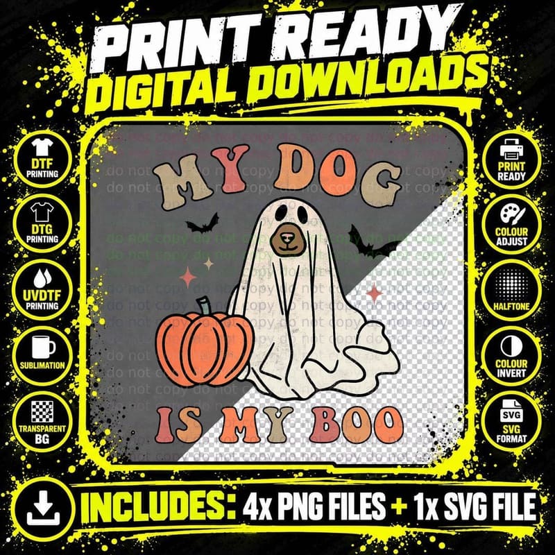 My Dog Is My Boo Spooky Season Ghost Halloween Groovy Png SVG Digital Bundle