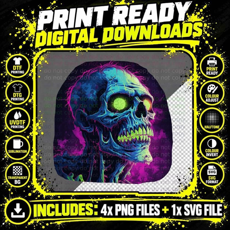 Neon Zombie Classic T-Shirt Png SVG Digital Bundle