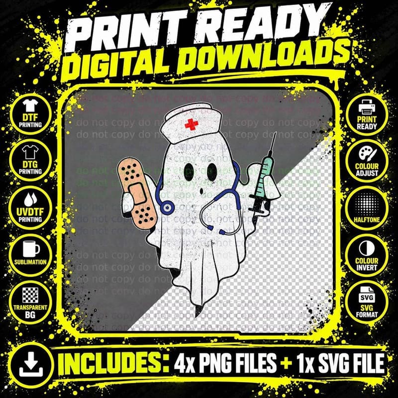Nurse Ghost Scrub Top Halloween Costume for Nurses Women Png SVG Digital Bundle