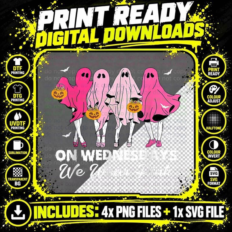 On Wednesday We Wear Pink Cute Ghost Halloween Breast Png SVG Digital Bundle
