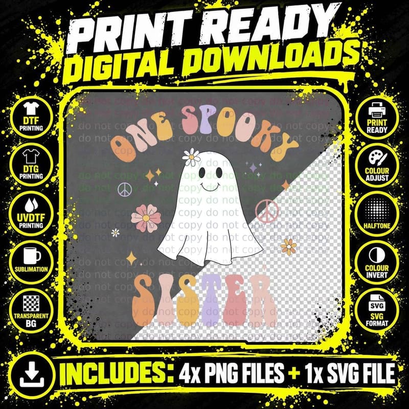 One Spooky Sister First Birthday Retro Halloween Ghost Png SVG Digital Bundle