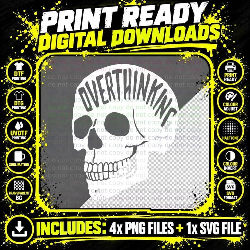Overthinking Funny Skull Horror Vibes Halloween Vibes Png SVG Digital Bundle