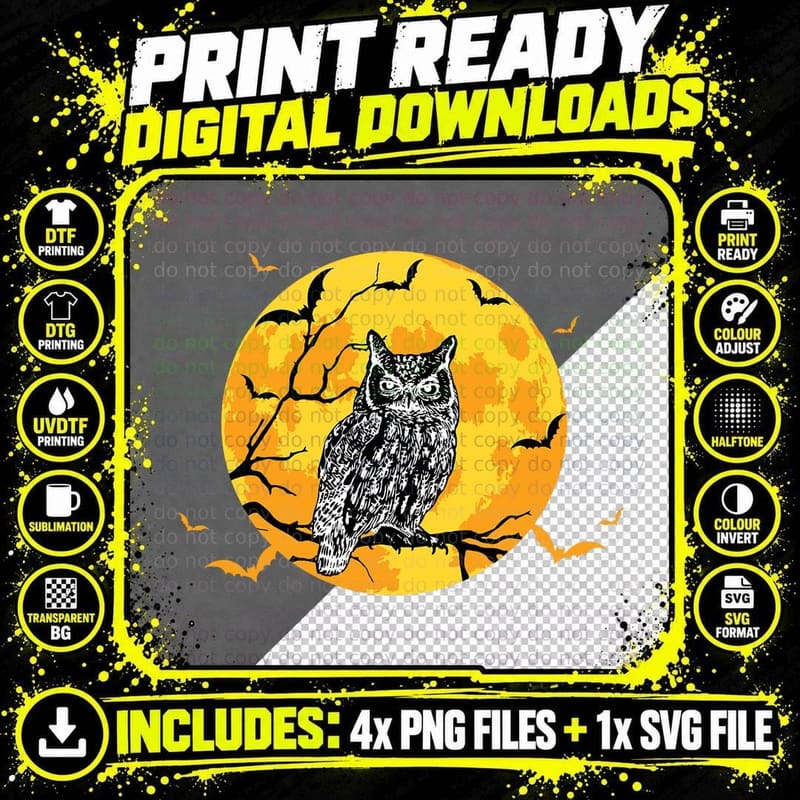Owl and Moon Bat Horror Happy Halloween Shirts for Women Png SVG Digital Bundle
