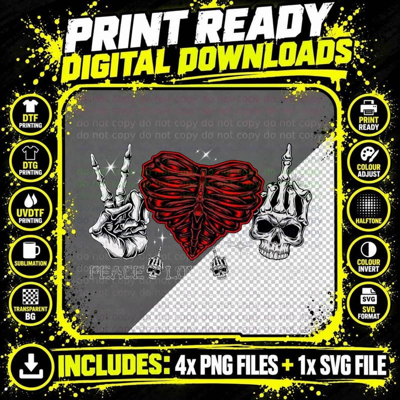 Peace Love Fuck-Off Skeleton Hand Half Heart Half Skull Png SVG Digital Bundle