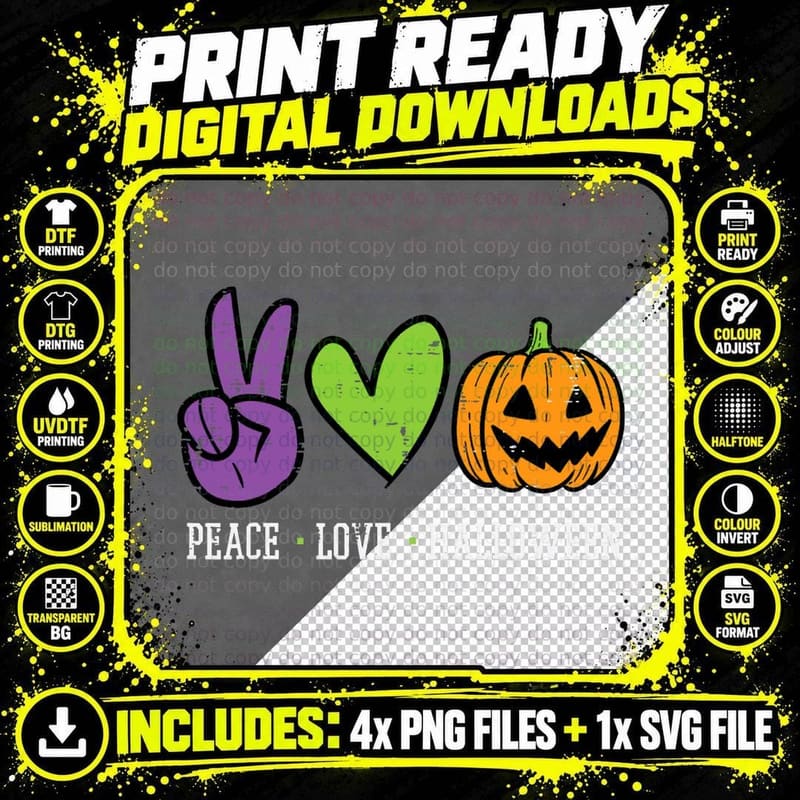 Peace Love Pumpkin Halloween Retro Costume Men Women Png SVG Digital Bundle