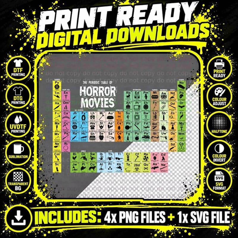 Periodic Table of Horror Movies T-Shirt Png SVG Digital Bundle