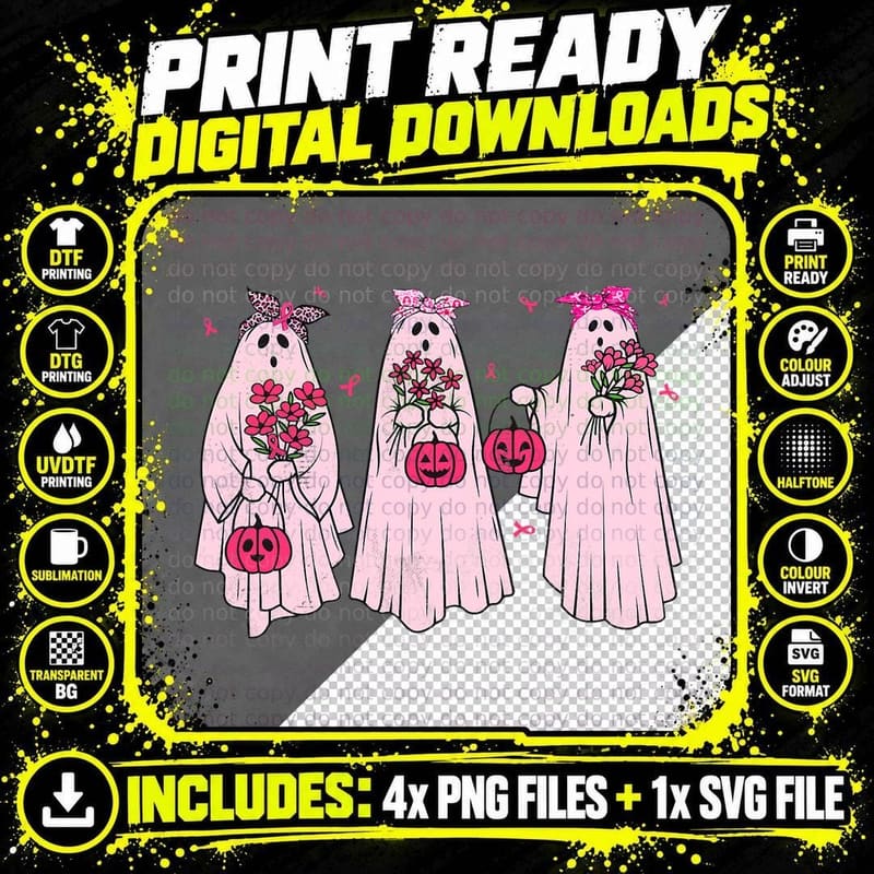 Pink Ribbon Breast Cancer Awareness Ghost Women Png SVG Digital Bundle