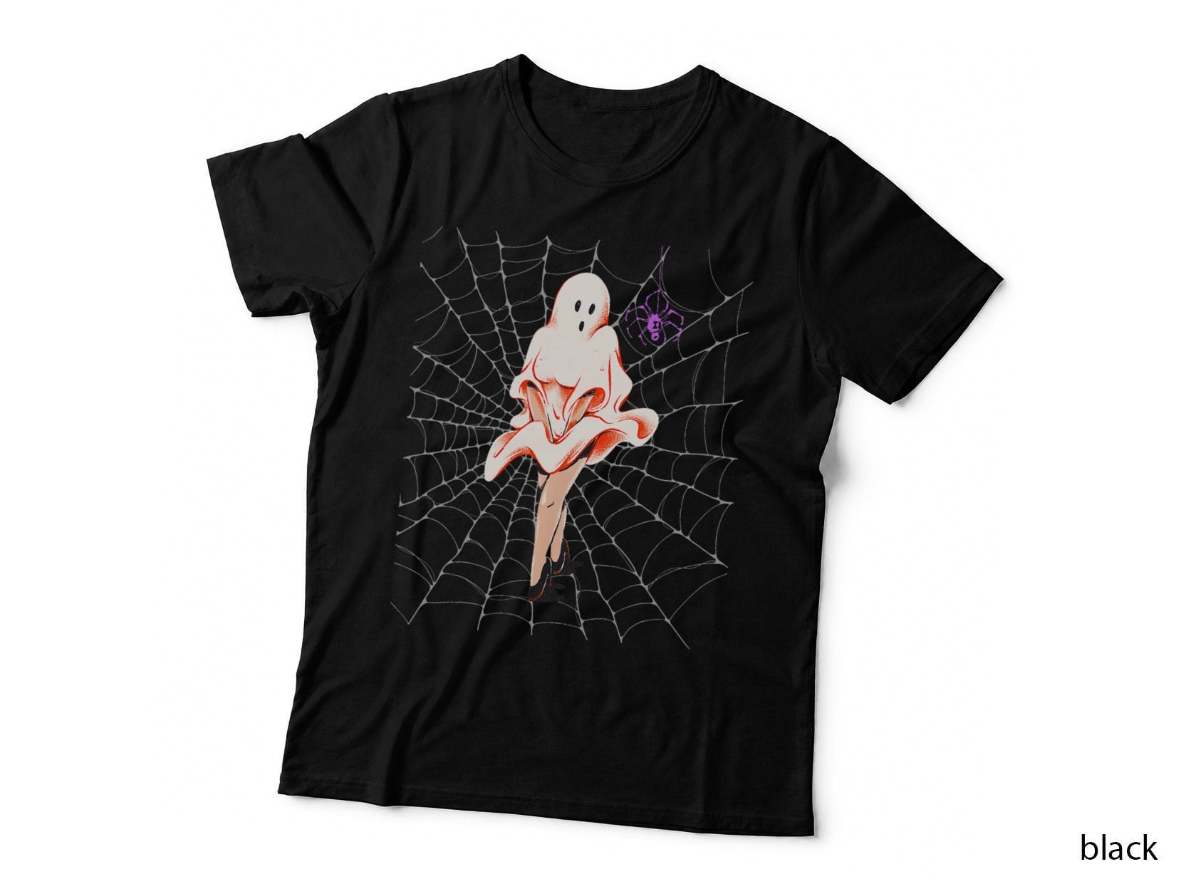 Pinup Ghost Holding Down Dress in Spider Web Retro Halloween T-Shirt