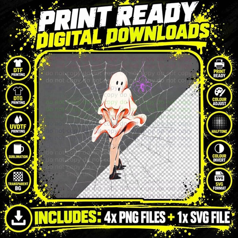 Pinup Ghost Holding Down Dress in Spider Web Retro Png SVG Digital Bundle