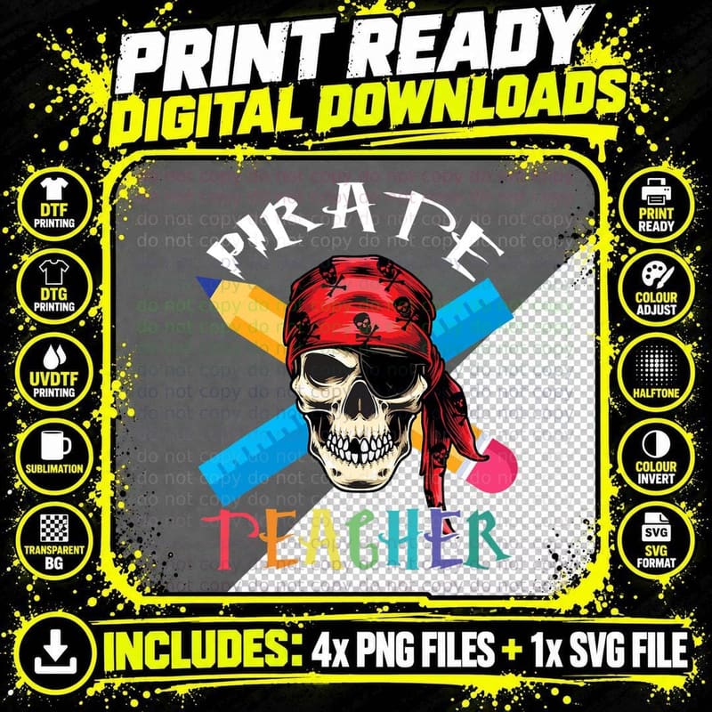 Pirate Teacher Funny Halloween Skull Horror One Eye Png SVG Digital Bundle