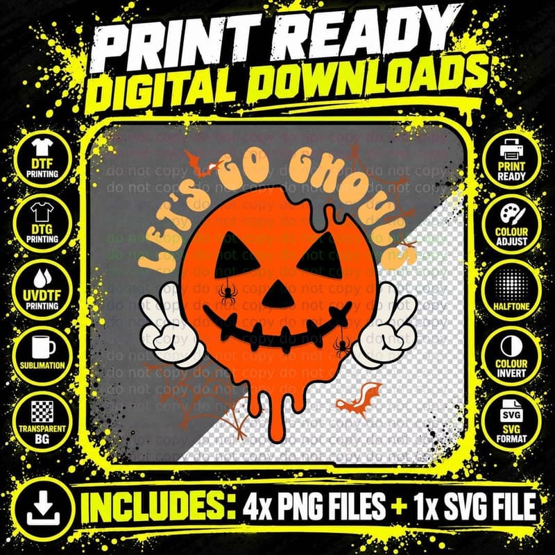 Pumpkin Smile Face Let's Go Ghouls Halloween Retro Png SVG Digital Bundle