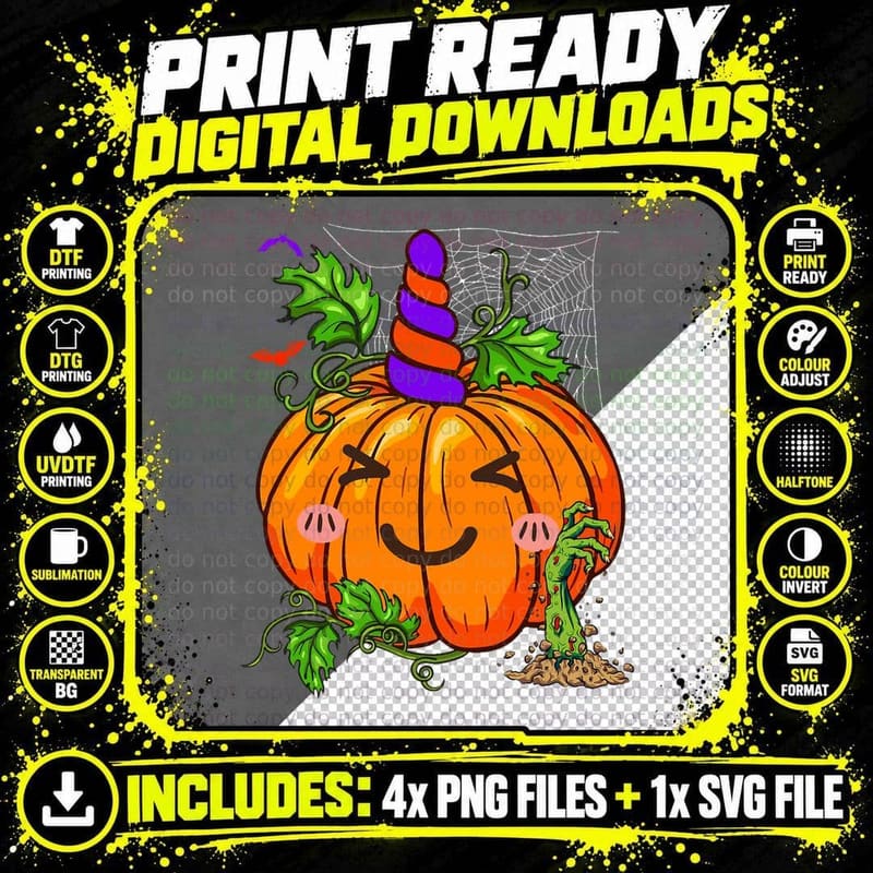 Pumpkin with Unicorn Horn Halloween Horror Zombie Hand Png SVG Digital Bundle