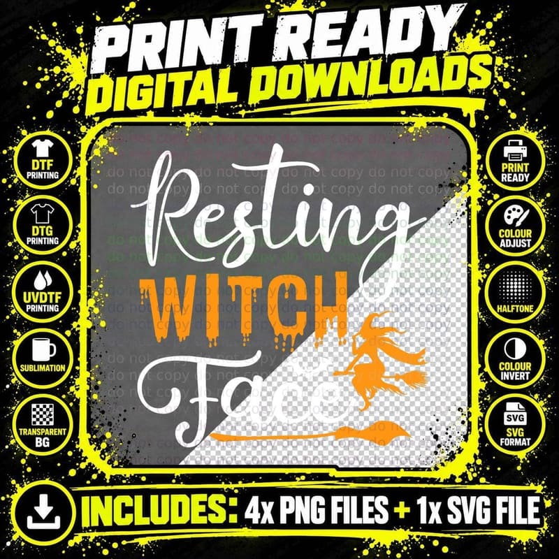 Resting Witch Face Funny Vintage Halloween Pumpkin Png SVG Digital Bundle