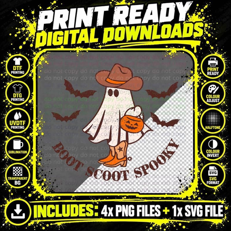 Retro Boot Scoot Spooky Funny Western Halloween Cute Png SVG Digital Bundle