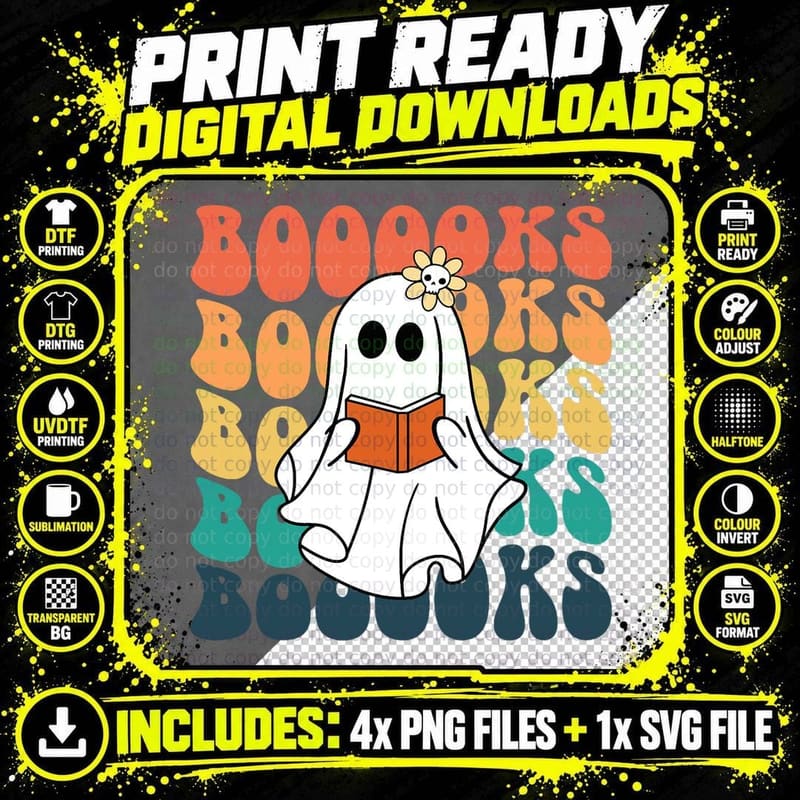 Retro Cute Ghost Book Reading Halloween Teacher Top Png SVG Digital Bundle