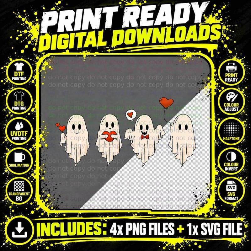 Retro Cute Ghost Spooky Valentines Day Women Men Kids Png SVG Digital Bundle