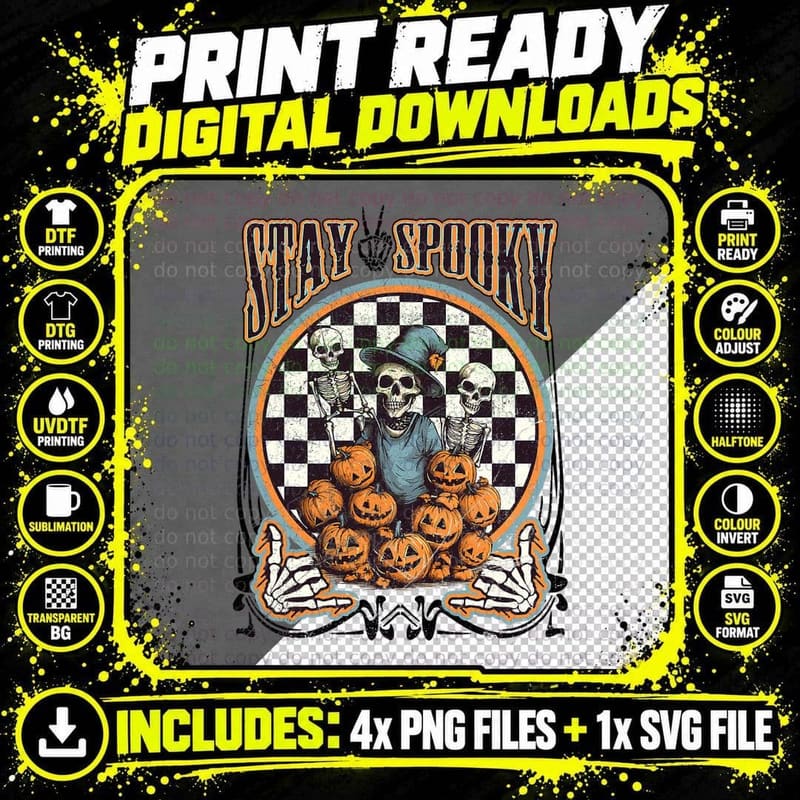 Retro Funny Skeleton Halloween Pumpkin Stay Spooky Png SVG Digital Bundle