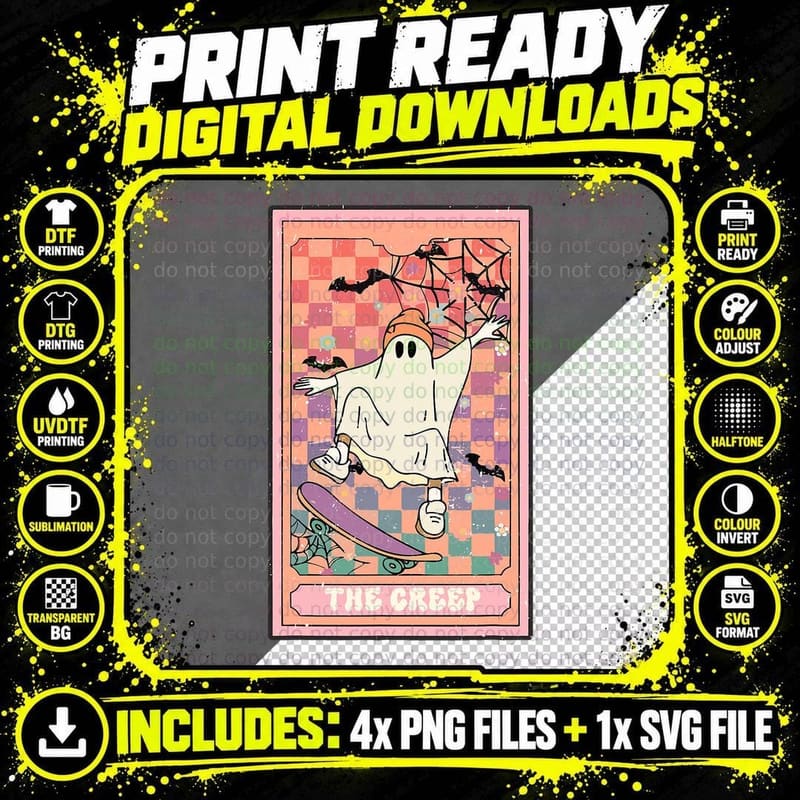 Retro Ghost Floral Halloween Tarot Card the Creep Men Png SVG Digital Bundle