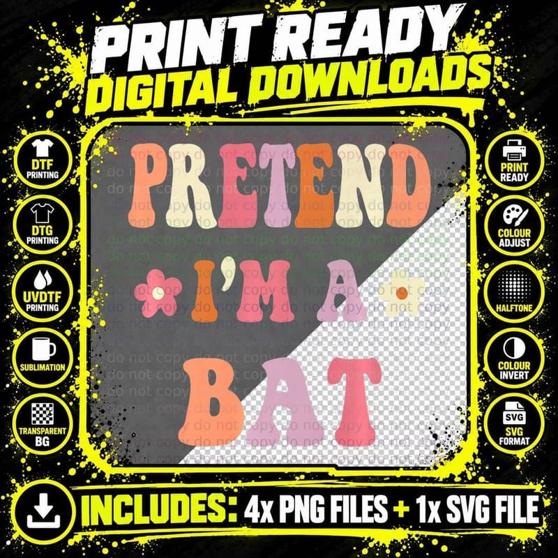 Retro Groovy Halloween Costumes, Pretend I'm a Bat Png SVG Digital Bundle
