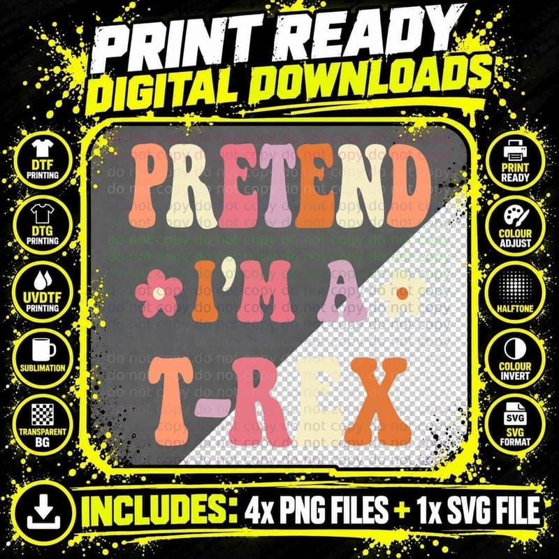 Retro Groovy Halloween Costumes, Pretend I'm a T-REX Png SVG Digital Bundle