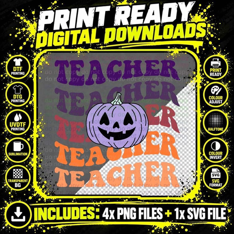 Retro Groovy Halloween Pumpkin Face Teacher Men & Women Png SVG Digital Bundle