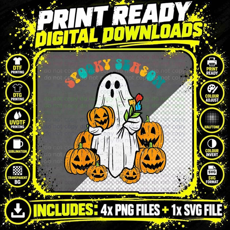 Retro Groovy Halloween Spooky Season Ghost Holding Png SVG Digital Bundle