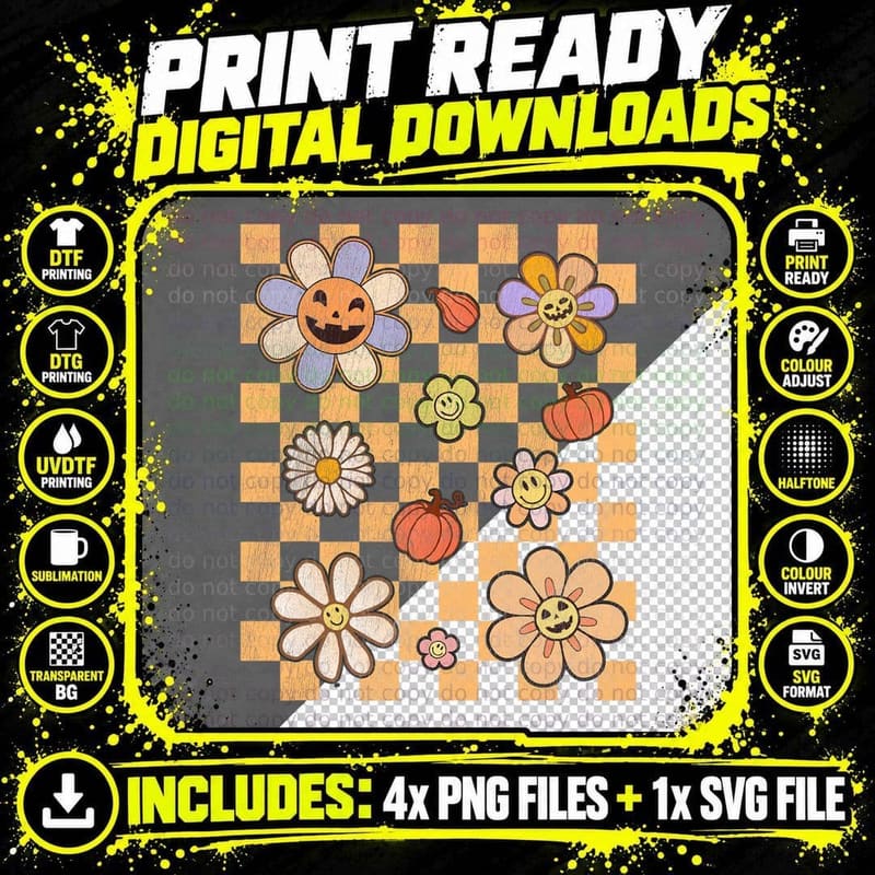 Retro Groovy Happy Halloween Hippie Pumpkin Floral Png SVG Digital Bundle