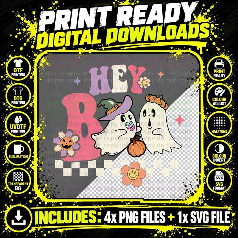 Retro Groovy Hey Boo Halloween Baby Floral Ghost Hippie Png SVG Digital Bundle