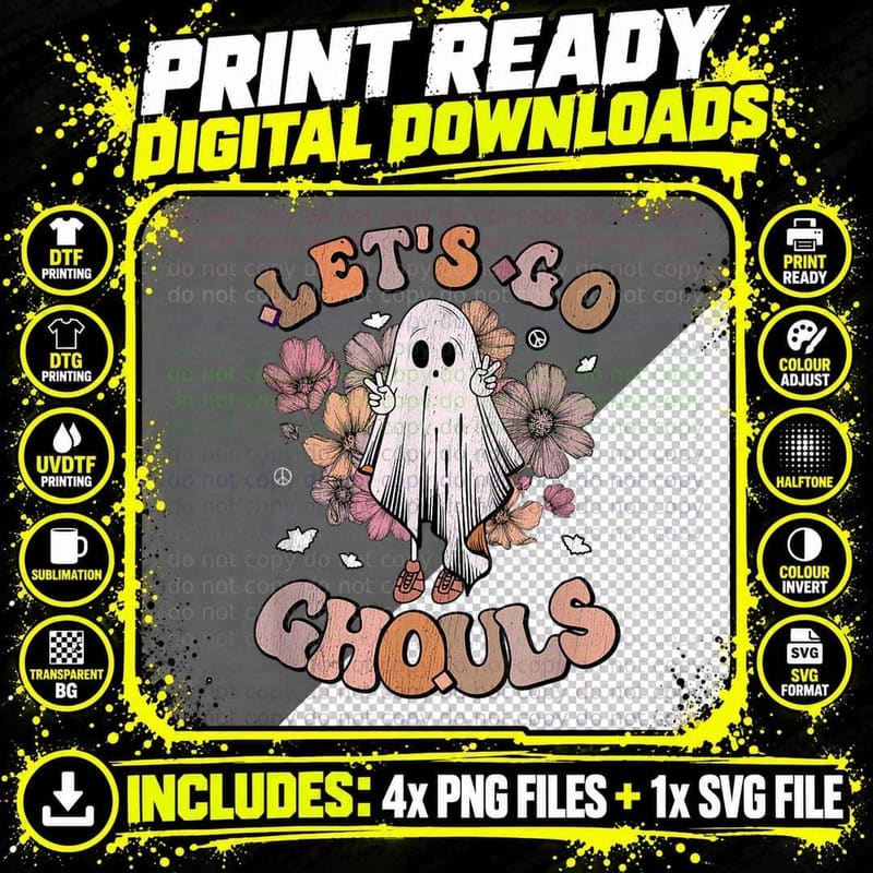 Retro Groovy Let's Go Ghouls Ghost 70s Hippie Halloween Png SVG Digital Bundle