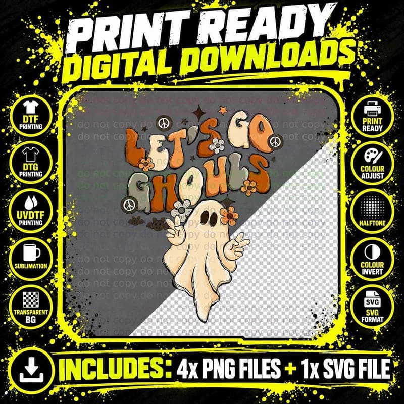 Retro Groovy Let's Go Ghouls Halloween Ghost Outfit Png SVG Digital Bundle