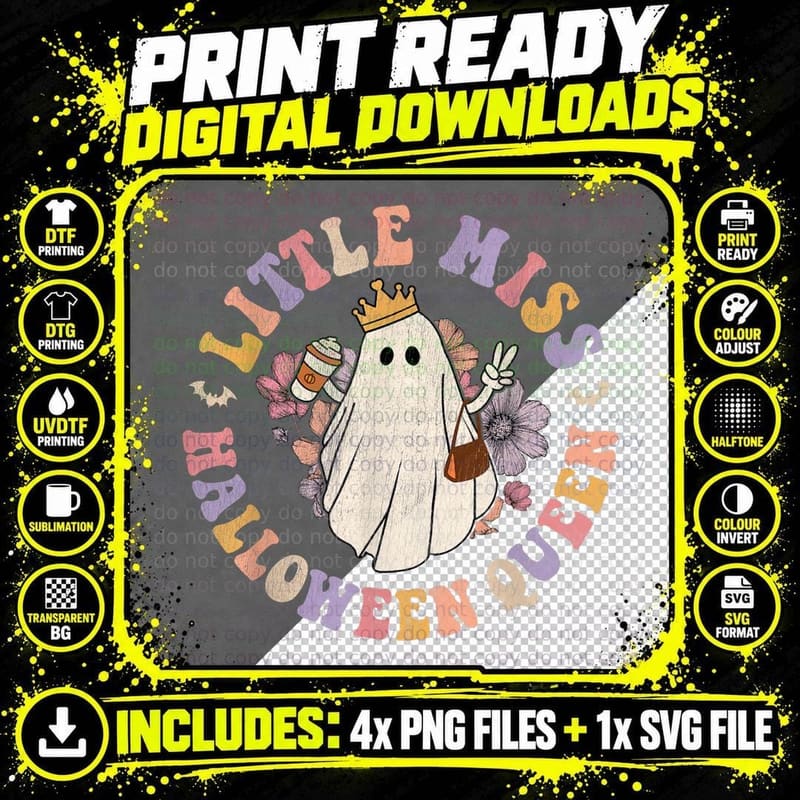 Retro Groovy Little Miss Halloween Queen Hippie Floral Png SVG Digital Bundle