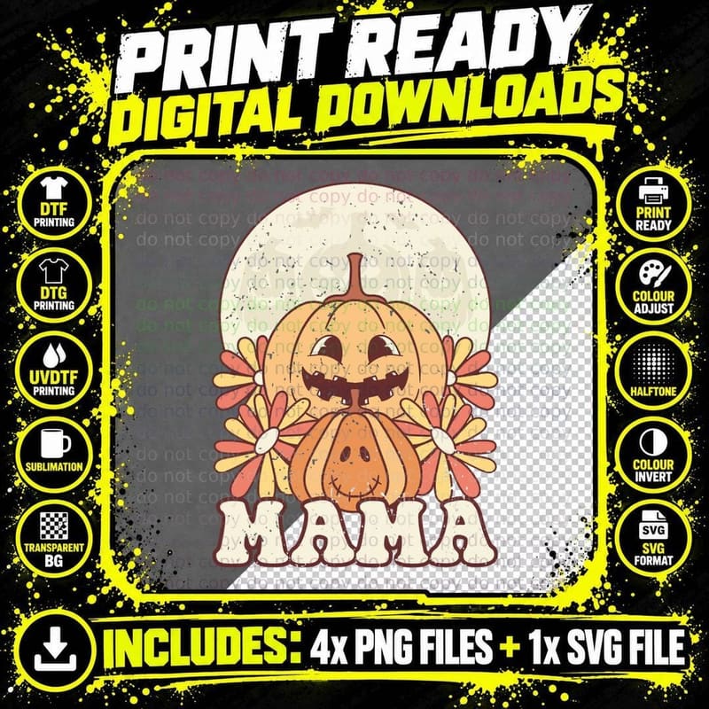 Retro Groovy Mama Halloween Pumpkin Face Mom Halloween Png SVG Digital Bundle