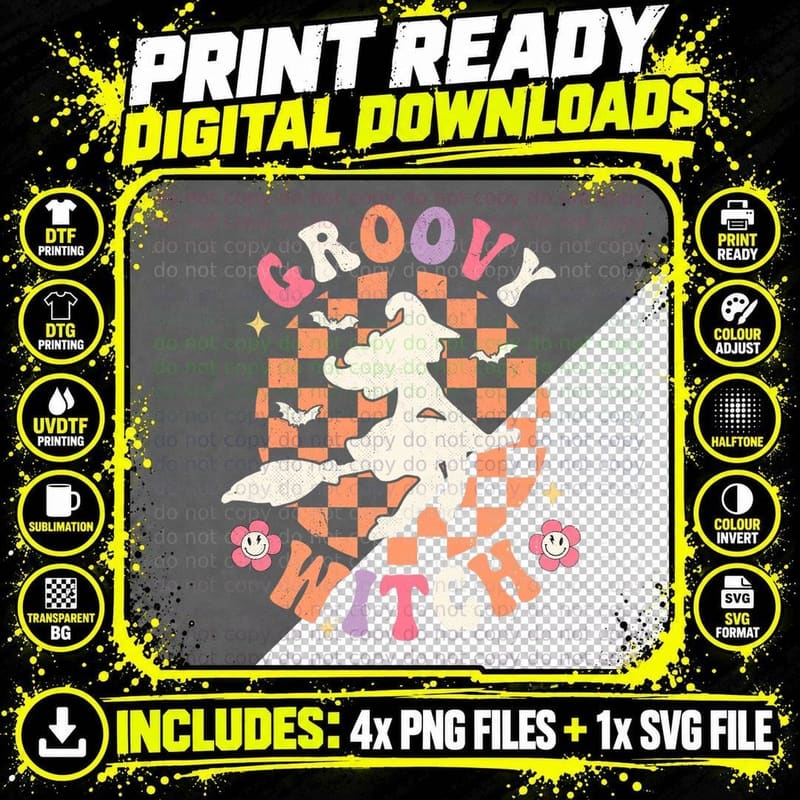 Retro Groovy Spooky Halloween Groovy Witch Happy Png SVG Digital Bundle