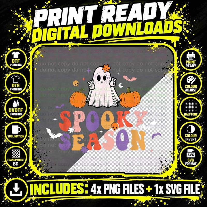 Retro Groovy Spooky Season Floral Ghost Hippie Halloween Png SVG Digital Bundle