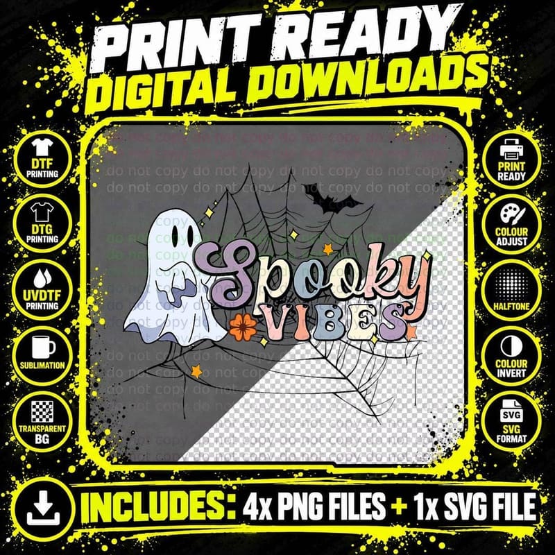 Retro Groovy Spooky Vibes Ghost Bat Pumpkin Halloween Png SVG Digital Bundle