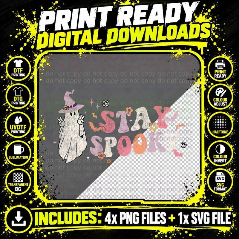 Retro Groovy Stay Spooky Peace Hippie Halloween Floral Png SVG Digital Bundle