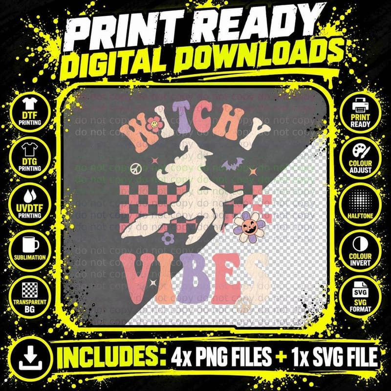 Retro Groovy Witchy Vibes Halloween Hippie Witch Girls Png SVG Digital Bundle