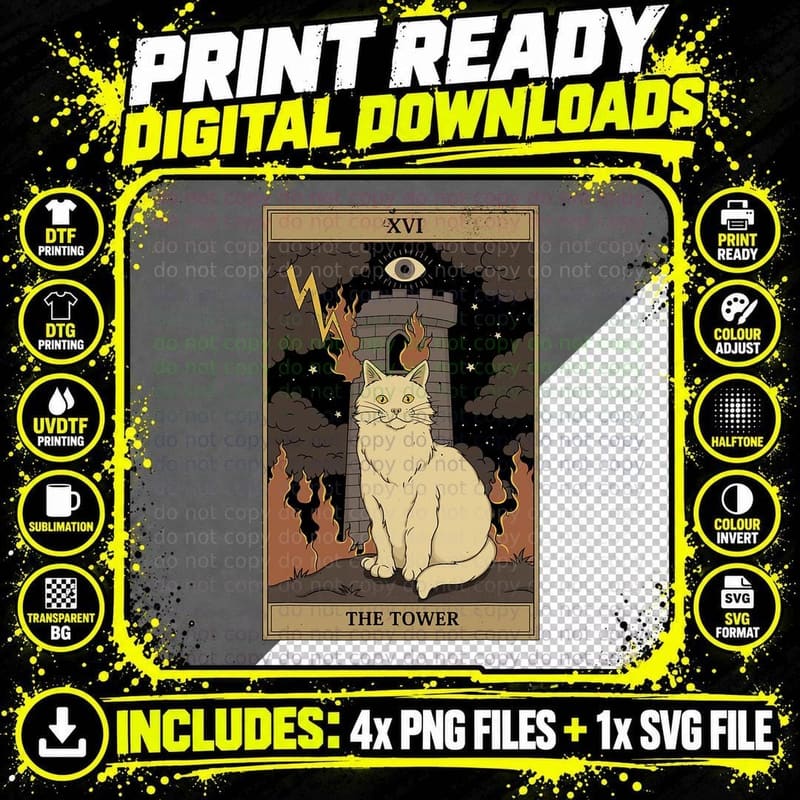 Retro Halloween Cat Witch the Tower Tarot Card Png SVG Digital Bundle