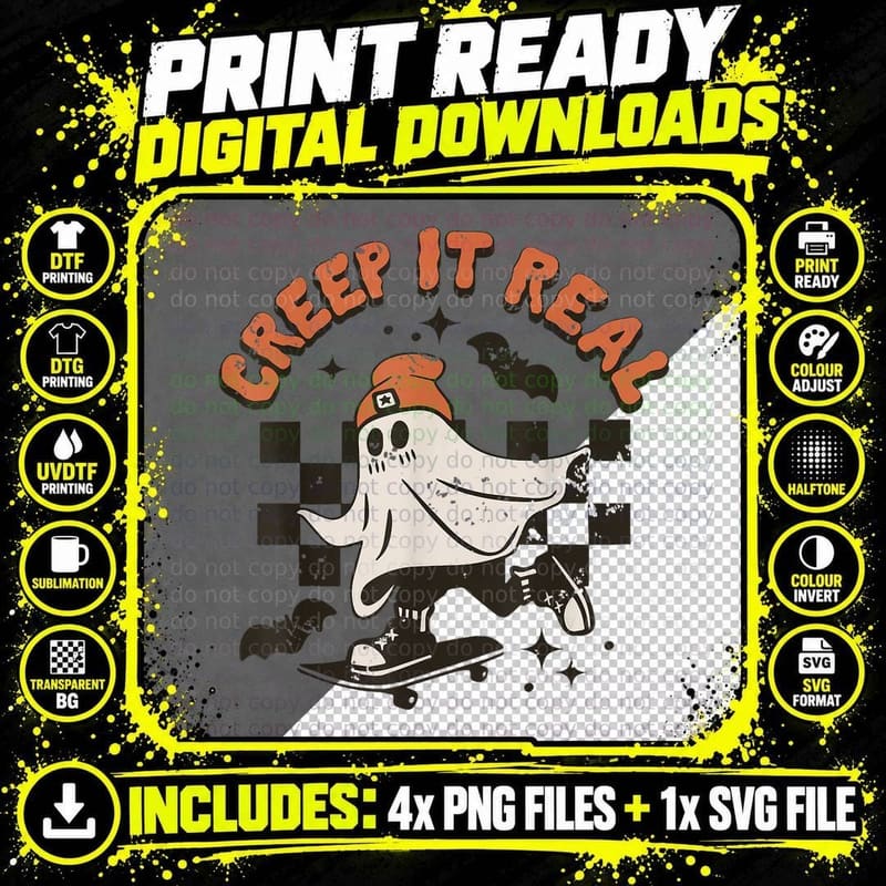 Retro Halloween Creep It Real Funny Ghost Skateboard Png SVG Digital Bundle